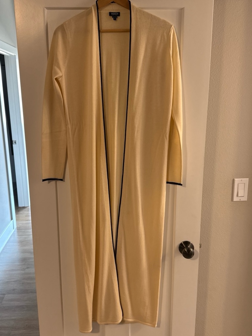 Long Ivory Open-Front Duster sweater with Contrast Trim